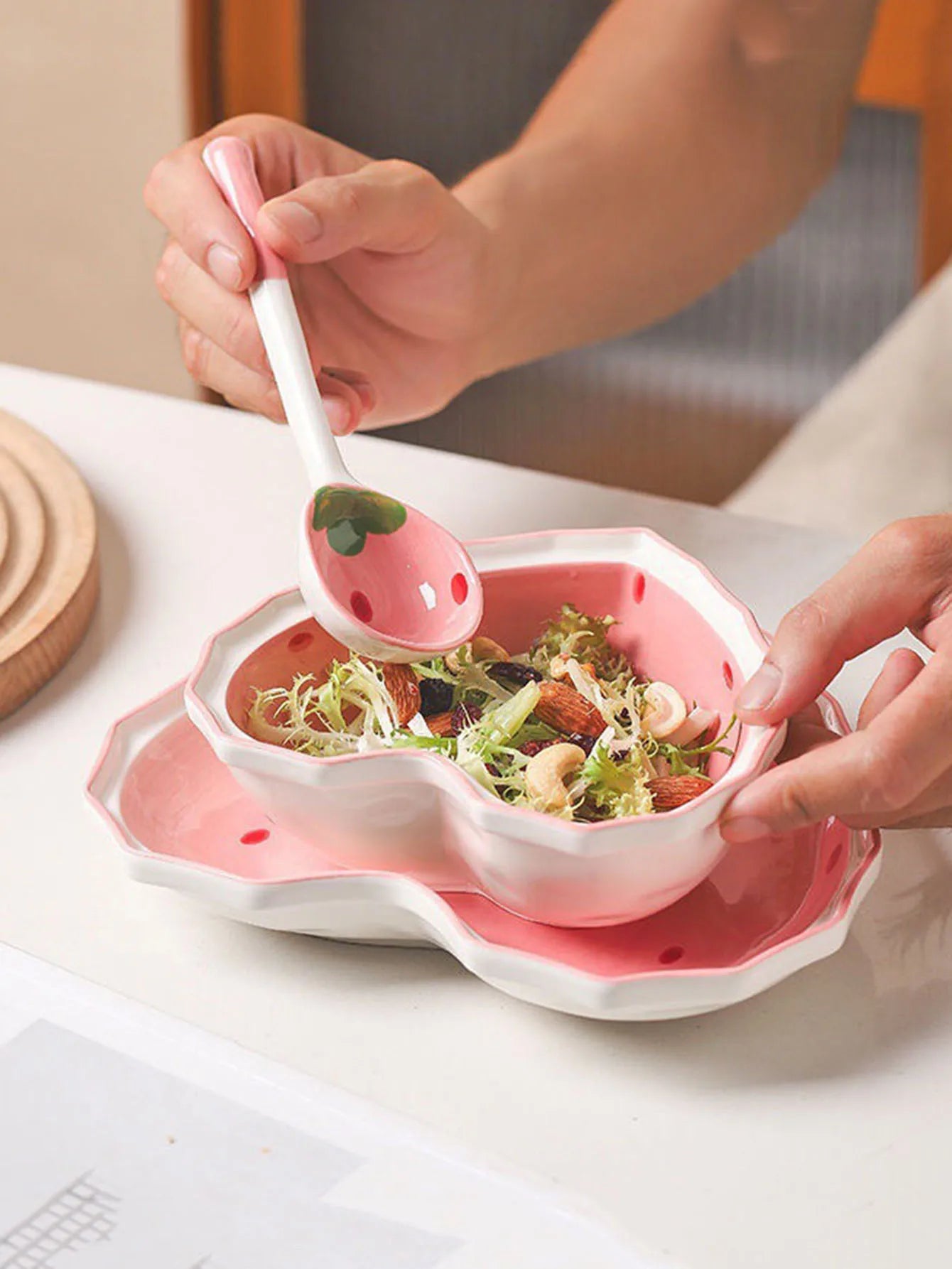 Pink Kitchenware Set - Bowl, Plate, and Spoon Trio